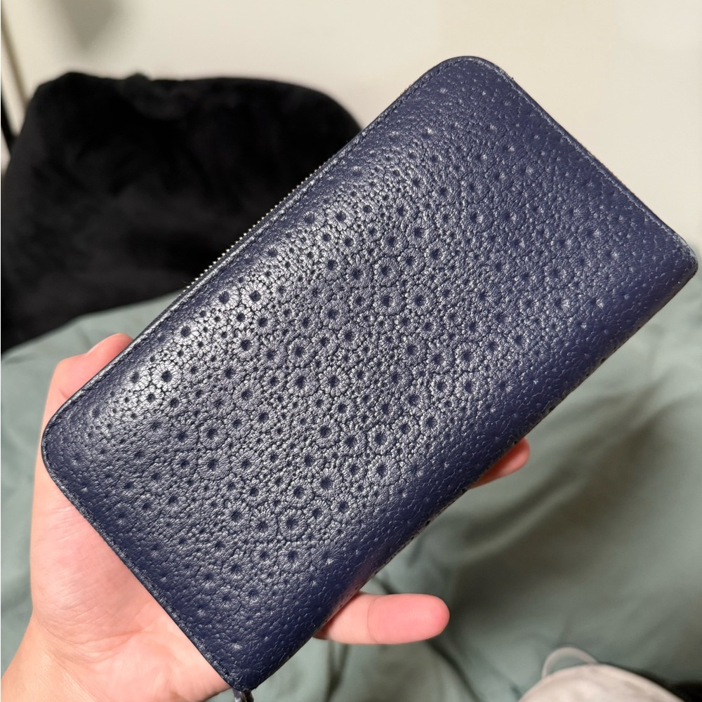 Navy Blue Textured Leather Wallet Red Interior